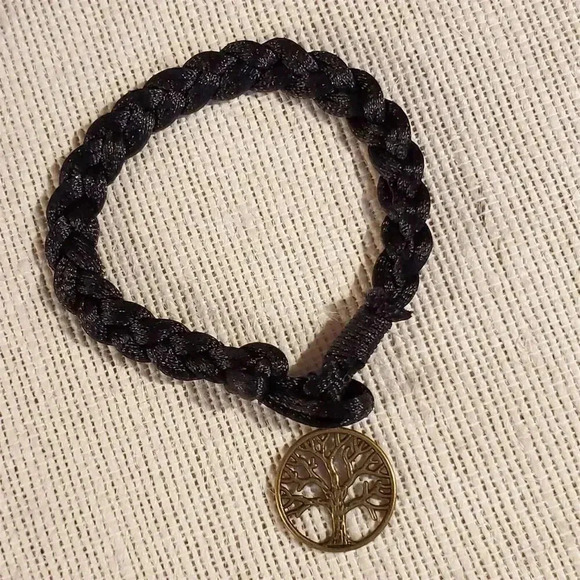 Braided Jet Black Silk Antique Brass Tree of Life Charm Button Bracelet - Picture 4 of 5